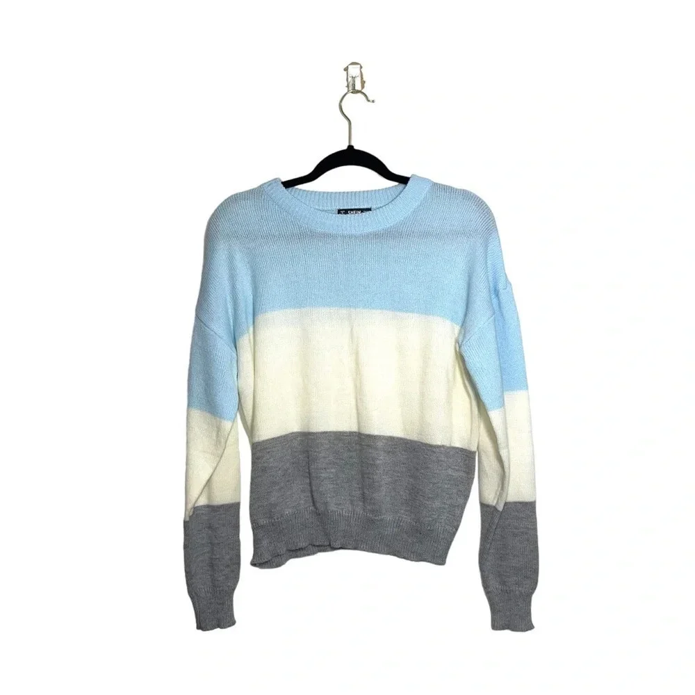 SHEIN Colorblock Sweater Baby Blue White Gray Drop Shoulder Medium Women’s